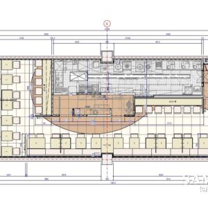 ビュッフェスタイルのダイニングカフェ_厨房区画図と各断面図