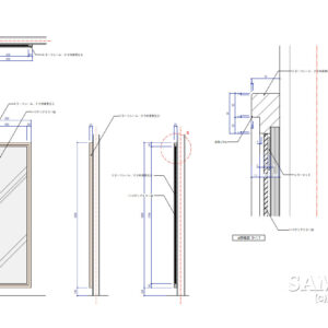 ストックルームとショップ内にある建具の断面図